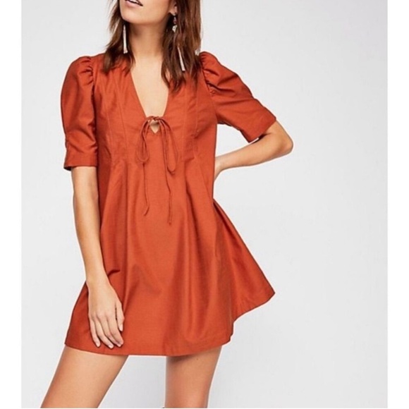 Free People Adela Tunic Mini Dress Tie Front Puff Sleeve Brick Orange Small - Picture 1 of 14